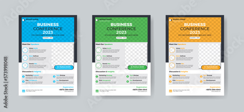 Corporate annual conference or meetup promotion flyer template. Professional business poster design for company workshop & training. Marketing cover layout with official logo & geometric shape.