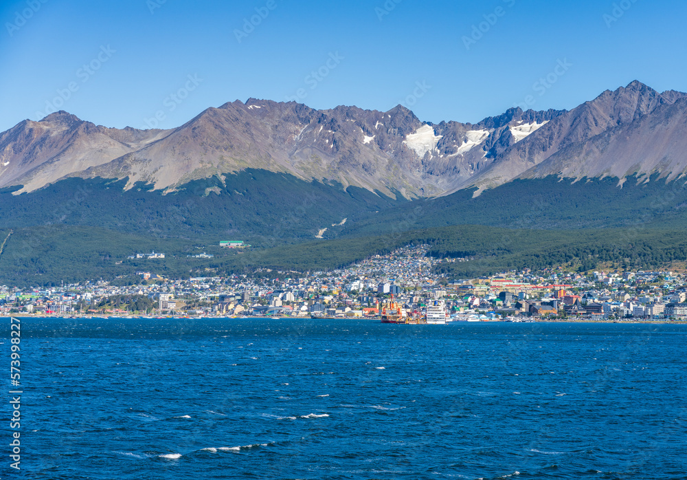 Panorama of the city of Ushuaia in Patagonia Argentina under the mountains showing port