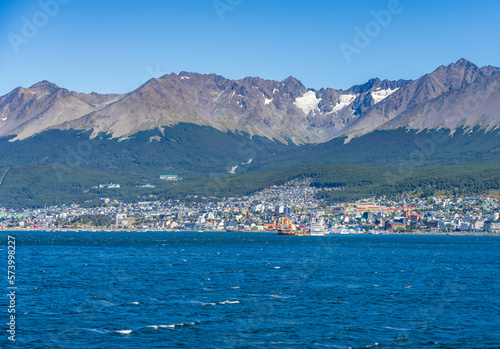 Panorama of the city of Ushuaia in Patagonia Argentina under the mountains showing port © steheap