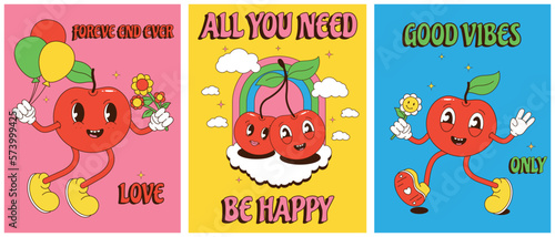 A set of postcards with funny cartoon characters-cherries. Cherry vector illustration, abstract faces, bright colors, cartoon style. Groovy vector.