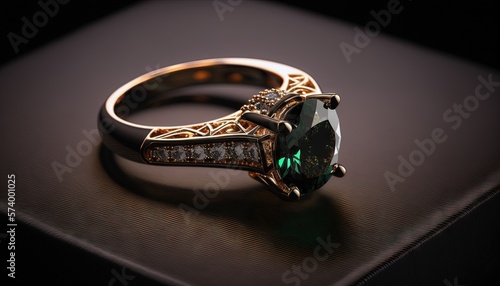  a fancy ring with a green stone surrounded by white and brown diamonds on a black surface with a black background and a black background with a black edge. generative ai