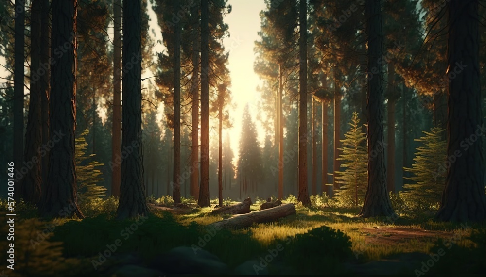  the sun is shining through the trees in a forest of tall pines and firs in the foreground is a log laying on the ground in the foreground.  generative ai