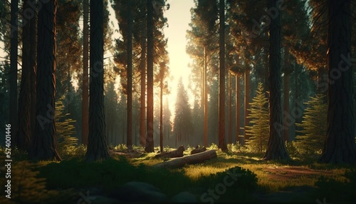  the sun is shining through the trees in a forest of tall pines and firs in the foreground is a log laying on the ground in the foreground. generative ai