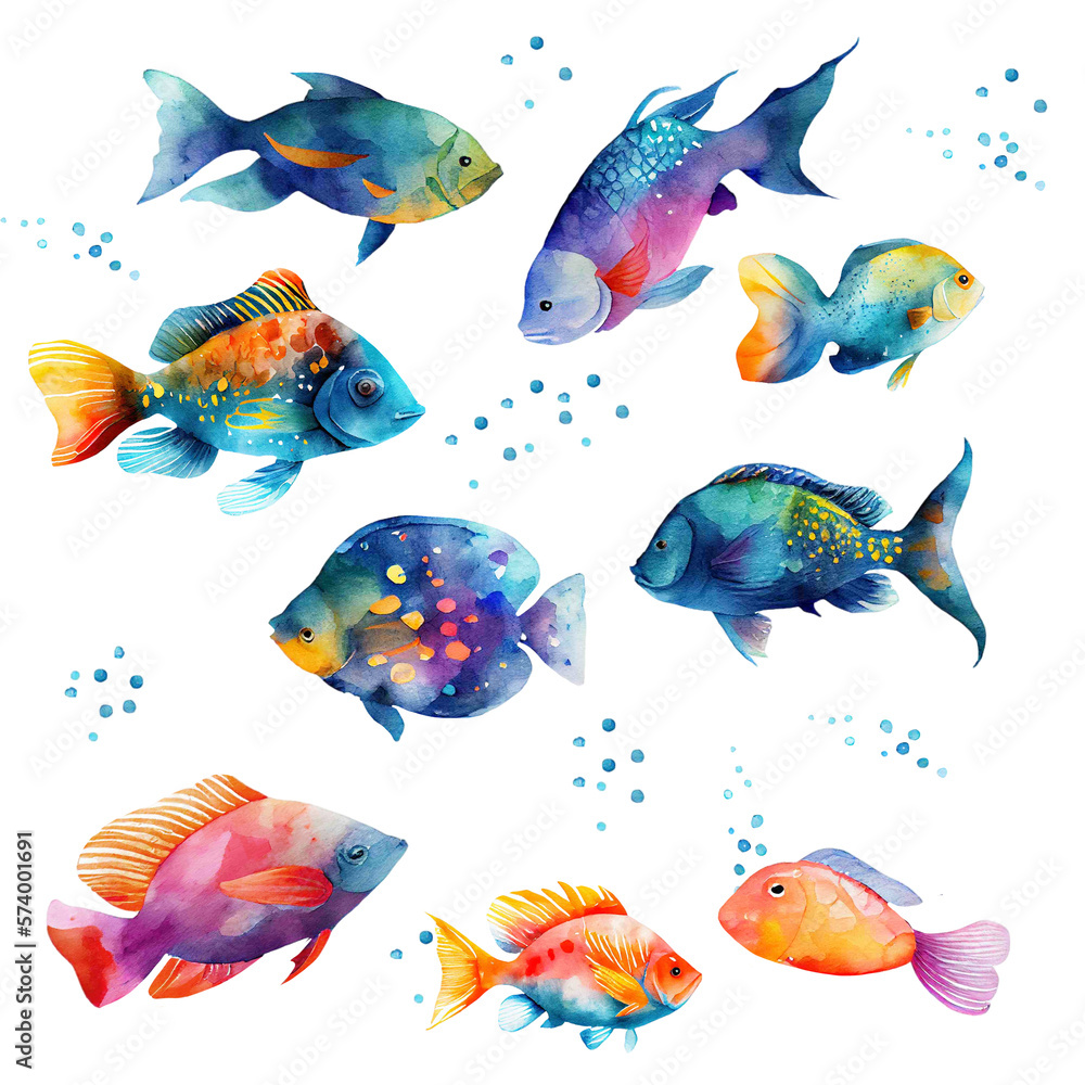 Watercolor fishes set . Flame angelfish, Copperband Butterflyfish, Purple mask angelfish, Zebra angelfish, Blue Tang, Betta splendens, Lion, Yellow tang, Mandarine, Trigger, Red discus