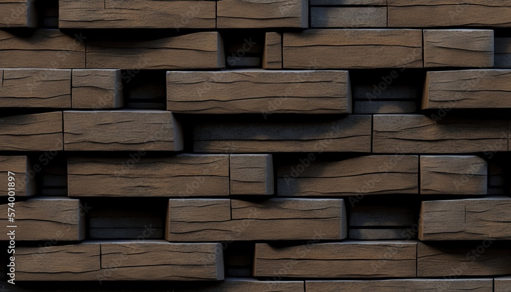 a close up of a brick wall made of wood planks with a black clock in ...
