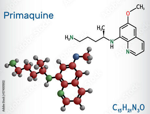 Primaquine molecule. It is aminoquinoline, used for therapy of malaria. Structural chemical formula, molecule model.