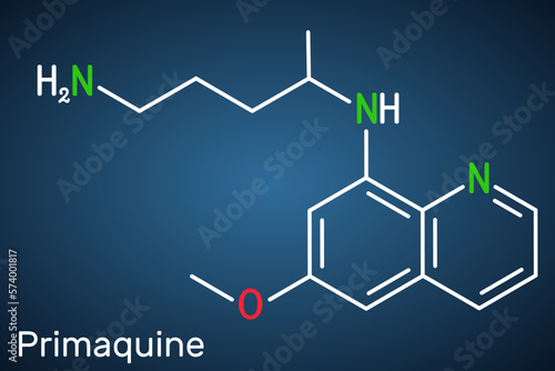 Primaquine molecule. It is aminoquinoline, used for therapy of malaria. Structural chemical formula on the dark blue background.