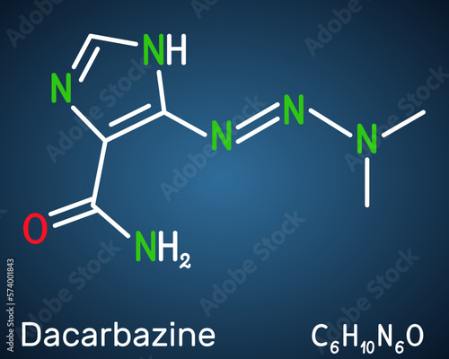 Dacarbazine, imidazole carboxamide, DTIC  molecule. It is antineoplastic drug used to treat malignant melanoma, Hodgkin's disease. Structural chemical formula on dark blue background.