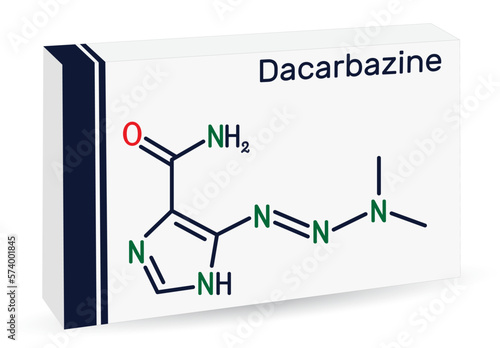 Dacarbazine, imidazole carboxamide, DTIC  molecule. It is antineoplastic drug used to treat malignant melanoma, Hodgkin's disease. Skeletal chemical formula. Paper packaging for drugs.