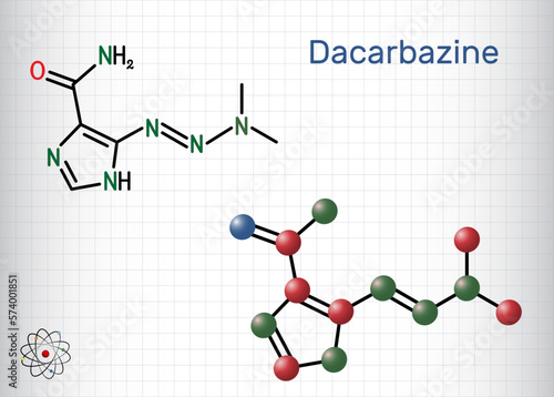 Dacarbazine, imidazole carboxamide, DTIC  molecule. It is antineoplastic drug used to treat malignant melanoma. Structural formula, molecule model. Sheet of paper in cage.
