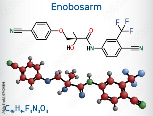Enobosarm, ostarine molecule. It is non-steroidal agent with anabolic activity, selective androgen receptor modulator SARM. Structural chemical formula, molecule model.