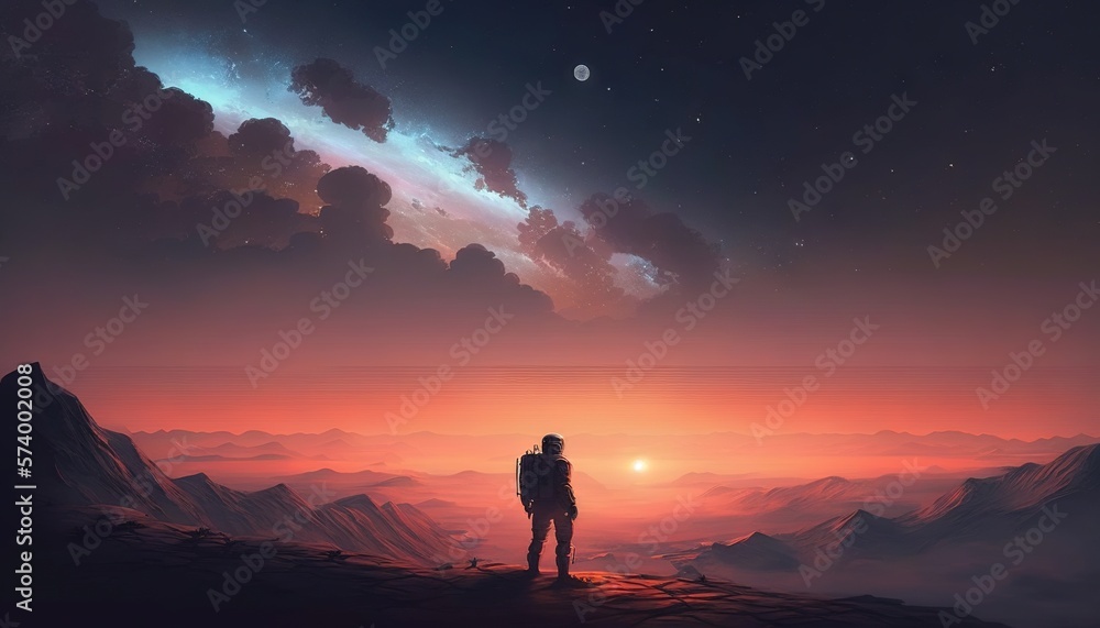  a man standing on top of a mountain looking at the sky at sunset or sunrise with a person standing on top of a mountain looking at the sky at the sun.  generative ai
