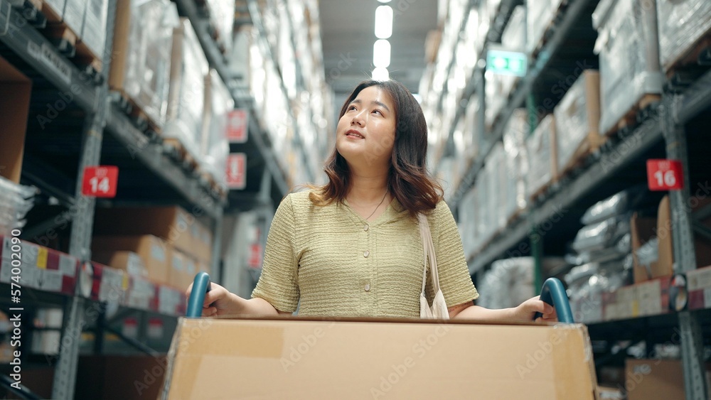 Asian woman shopping on shelves at large warehouse retail store. Rack of furniture and home accessories store Asian woman shopping on shelves at large warehouse retail store. Rack of furniture and home accessories store