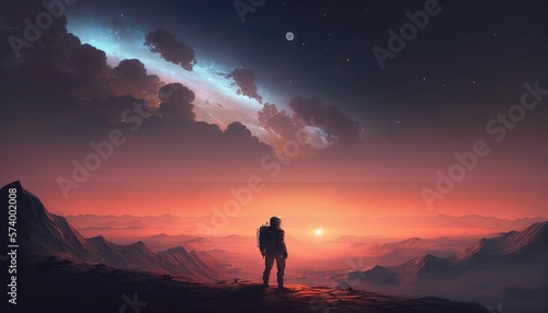  a man standing on top of a mountain looking at the sky at sunset or sunrise with a person standing on top of a mountain looking at the sky at the sun. generative ai