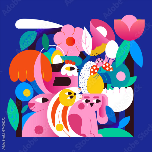 Magic Illustration for Happy Easter Day. Bunnies  festive eggs  a ladybug that symbolizes spring and many  many fabulous flowers.