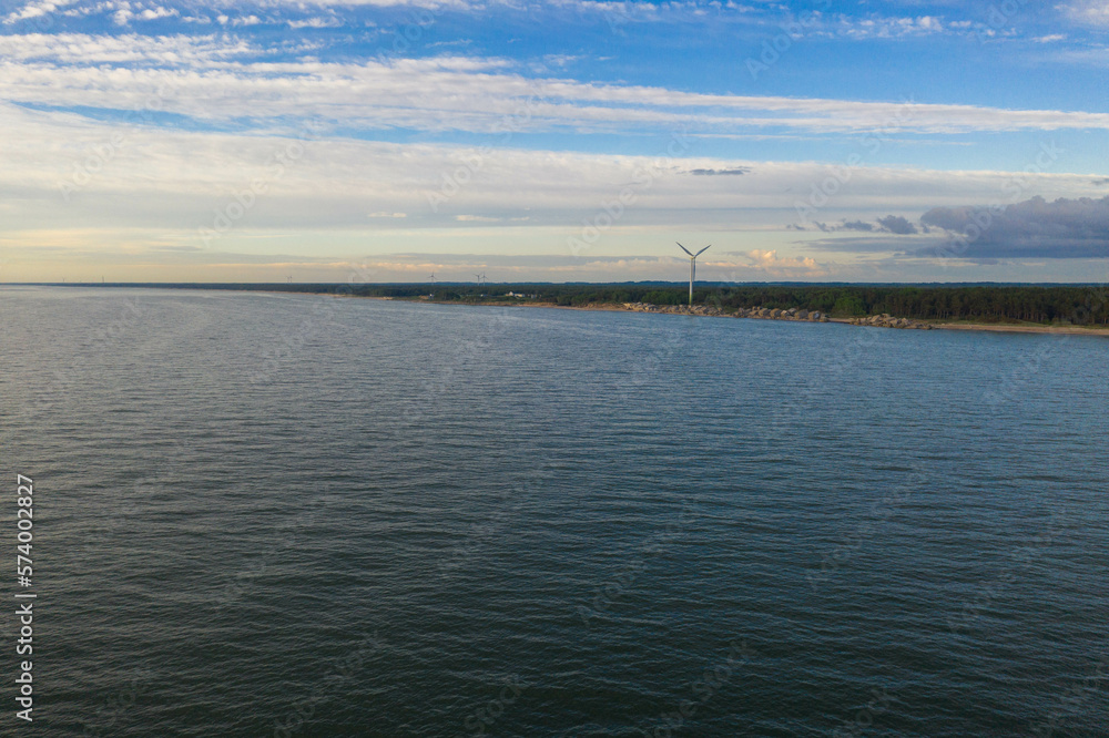 Drone photography of sea, coastline and windmill Drone photography of sea, coastline and windmill