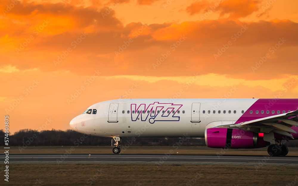 WizzAir Airbus A321 airplane landing on Henri Coanda International