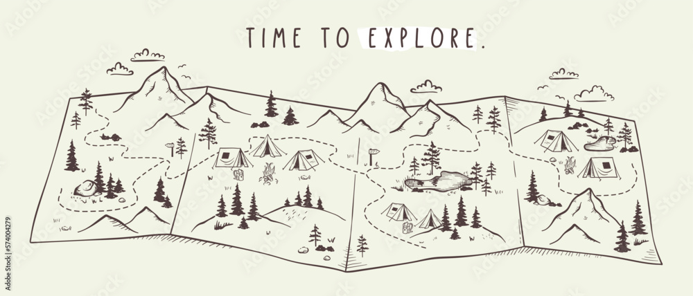 Cute hand drawn seamless pattern with camping doodles, tents, landscape and trails, great for textiles, banners, wallpapers Cute hand drawn seamless pattern with camping doodles, tents, landscape and trails, great for textiles, banners, wallpapers