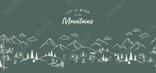 Cute hand drawn seamless pattern with camping doodles, tents, landscape and trails, great for textiles, banners, wallpapers