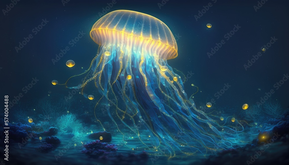 The Enchanting Glow: Luminous Jellyfish in a Fantasy Ocean at Night, AI Generative The Enchanting Glow: Luminous Jellyfish in a Fantasy Ocean at Night, AI Generative