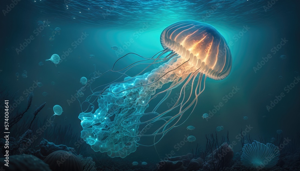 The Beauty of Fantasy: Luminous Jellyfish in a Fairytale Ocean, AI Generative The Beauty of Fantasy: Luminous Jellyfish in a Fairytale Ocean, AI Generative