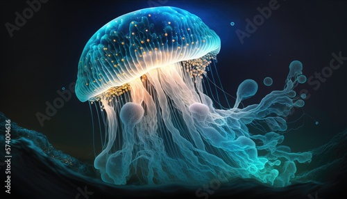 A World of Light: Glowing Jellyfish in a Fairytale Ocean at Night, AI Generative