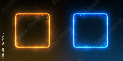 Fotografiet Neon square frames, glowing borders with smoke and sparkles, ice and fire portals concept