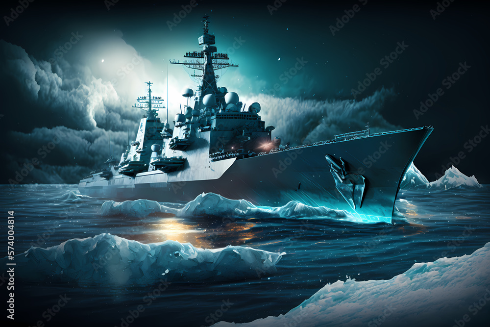 Military navy ship carrier in water Arctic ocean. Warship of army on secret mission with green northern lights or Aurora borealis. Generation AI Military navy ship carrier in water Arctic ocean. Warship of army on secret mission with green northern lights or Aurora borealis. Generation AI
