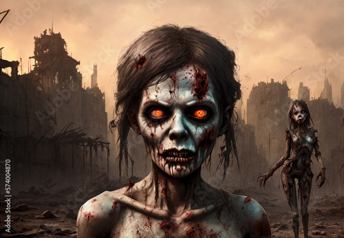 Portrait of a zombie woman on the background of the city. Zombie Apocalypse concept. Generative AI 