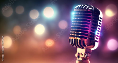 Stylish old retro microphone on colored background with bokeh. Concept banner karaoke and stund up comedy. Generation AI