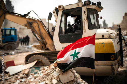 Destroy Earthquake in Syria, Rescue service excavator clears rubble of house after natural disaster. Generation AI