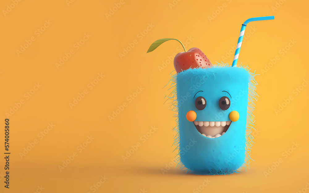 Juice bottle smiling cartoon on orange background. Juice laughs and teeth are visible. Banner