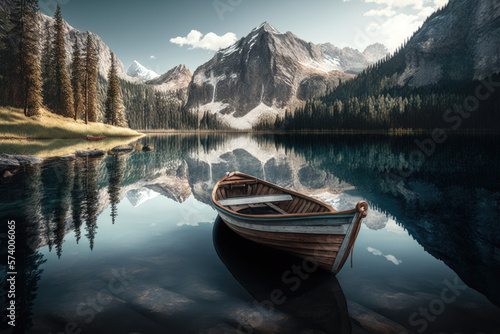 photo of A picturesque natural background showcasing a serene lake with its crystal-clear water - generative ai