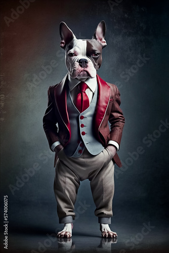 dog standing on two legs, dressed in a suit, tie, vest, elegant, glamour,