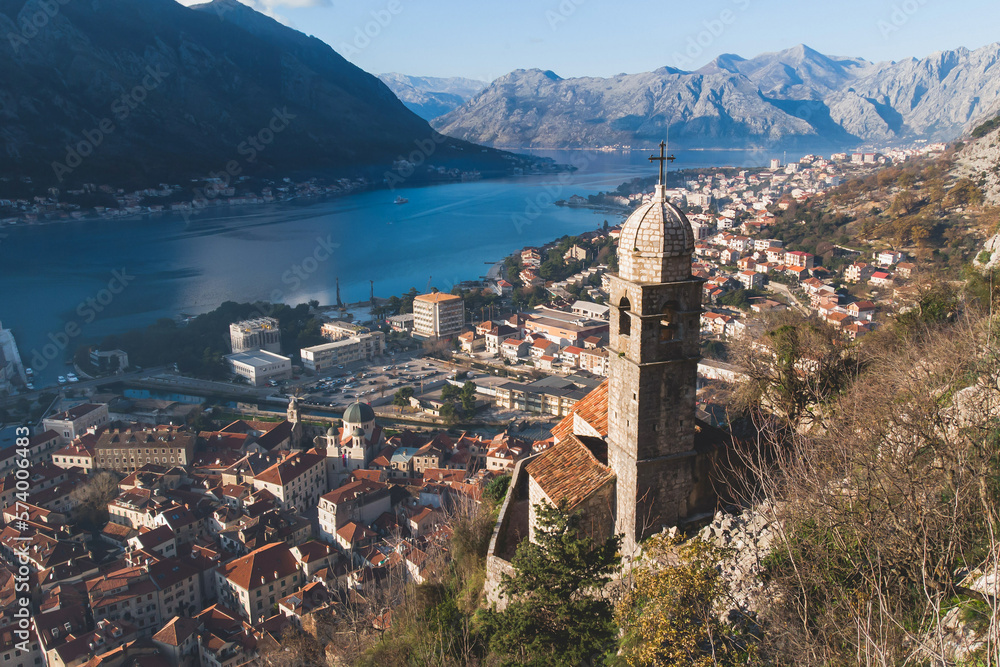 Church of Our Lady of Remedy in Kotor, Montenegro, beautiful top panoramic view of Kotor city old medieval town seen from San Giovanni St. John Fortress, with Adriatic sea, bay of Kotor and mountains