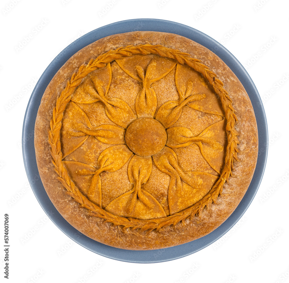 Tatar cuisine - above view of Zur Belish Tatar Big Pie (close baked pie from unleavened dough with meat and potato fillings) on plate isolated on white background Tatar cuisine - above view of Zur Belish Tatar Big Pie (close baked pie from unleavened dough with meat and potato fillings) on plate isolated on white background
