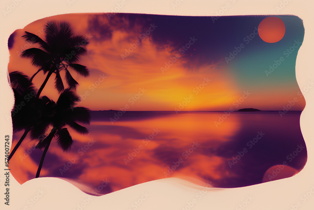 Tropical beach background with palm trees in the sunset. Empty space for writing. Generative AI