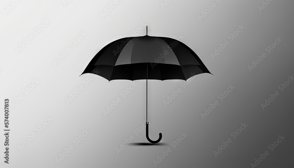  a black umbrella with a black handle on a gray background with a shadow on the ground and a shadow on the wall behind it,.  generative ai