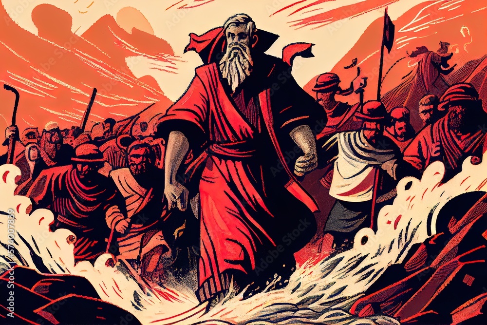 Exodus of the bible Moses crossing the Red Sea, with the Israelites, escape from the Egyptians. Painting style, illustration. Generative AI