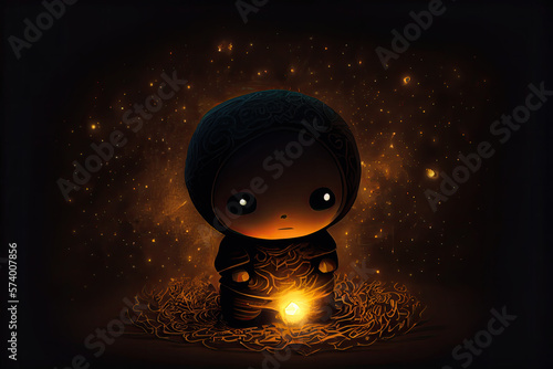 cute chibi monk fire kasina meditation - by generative ai