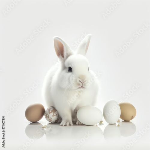 white easter cute rabbit sitting with white easter eggs, ai