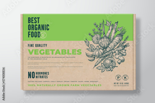 Organic Vegetables Vector Packaging Label Design on a Craft Cardboard Box Container. Modern Typography and Hand Drawn Herbs, Seasonings, Mushrooms and Vegetables Background Layout