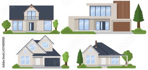 Cartoon houses set. Exterior of the residential house, front view. Vector illustration.
