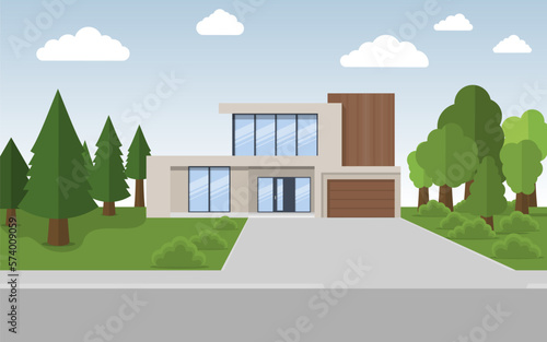 Exterior of the residential house, front view. House with large garden on a street in summer. Vector illustration.