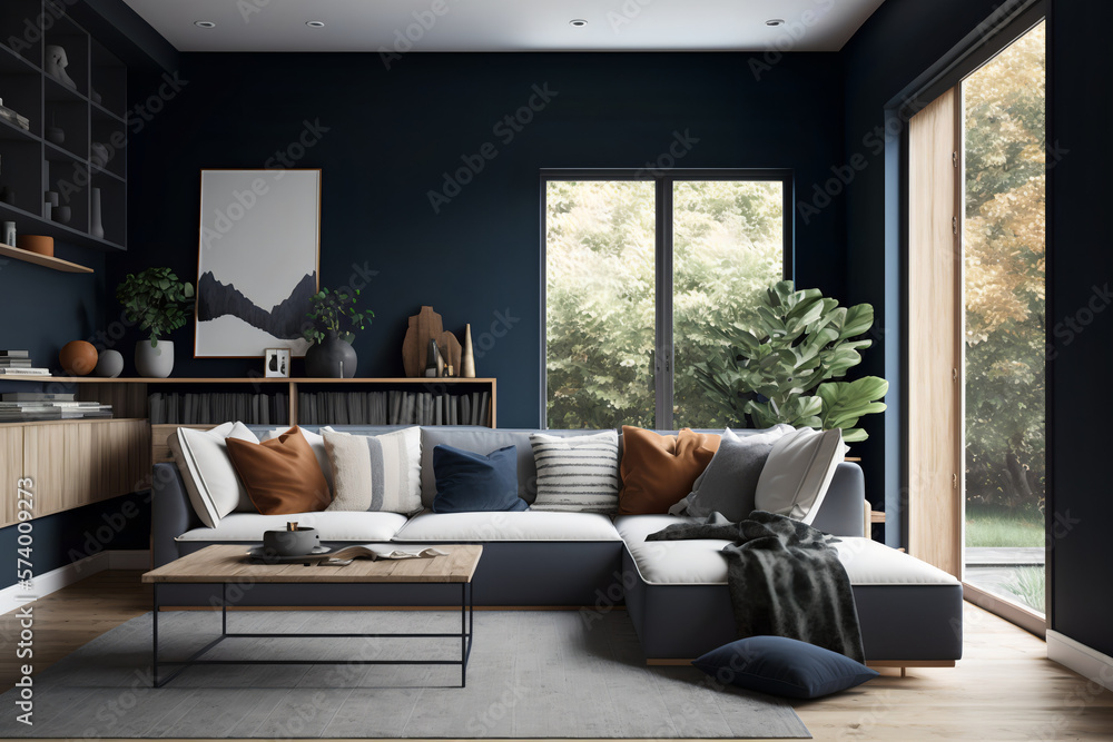 a modern living room with a cozy and sophisticated feel. The room features a dark blue accent wall, a light gray sectional sofa, a natural wood coffee table, and a contemporary area rug. generative ai - obrazy, fototapety, plakaty 