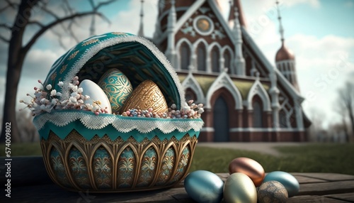 Basket of colorful Easter eggs, Generative AI
