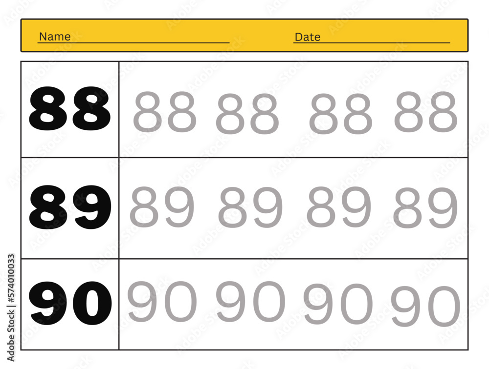 The practice of writing numbers 88, 89, 90. Tracking worksheet count and write The practice of writing numbers 88, 89, 90. Tracking worksheet count and write