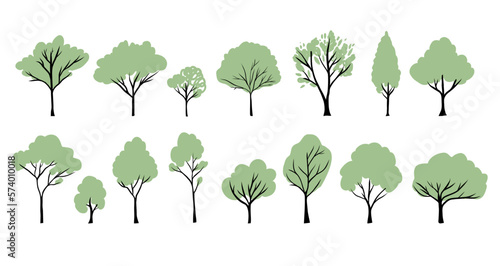 Green trees silhouettes set. Vector hand drawn isolated illustrations of different trees