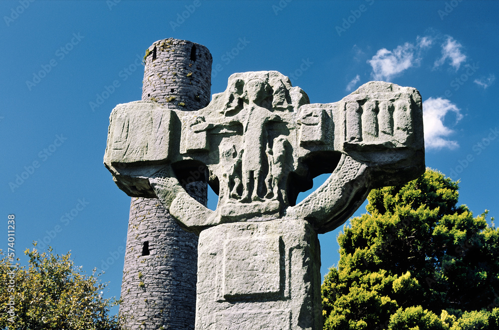 Kells in County Meath, Ireland. The Unfinished Cross and Round Tower in the ancient Celtic Christian churchyard