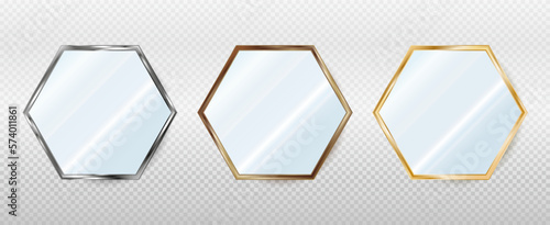 Realistic hexagonal mirrors in metal, bronze and gold frames. Reflective glass plate. 3d vector illustration isolated on transparent background.